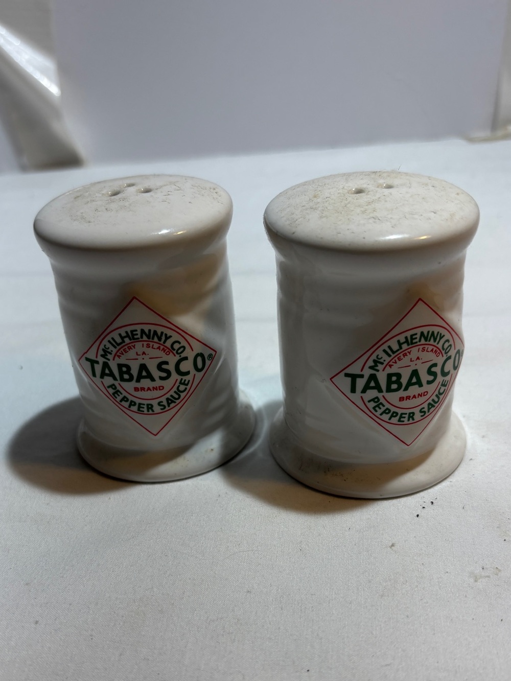 Tabasco White Ceramic Shakers with Red & Green Logo